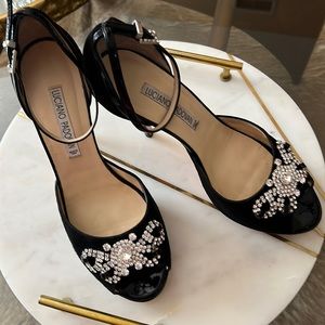 Luciano Padovan black suede,patent leather and rhinestone shoes.